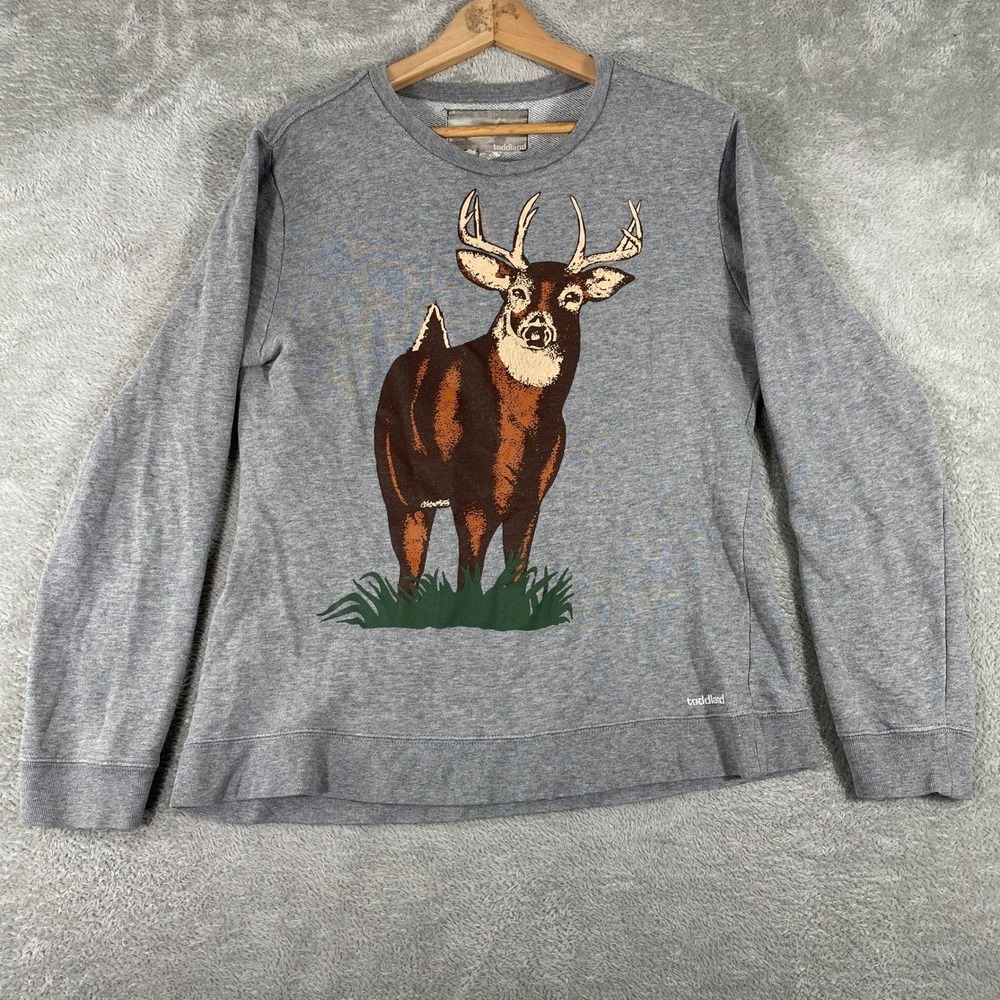 Toddland Deer Graphic Sweatshirt Mens Medium Gray Double Sided Buck Hunting